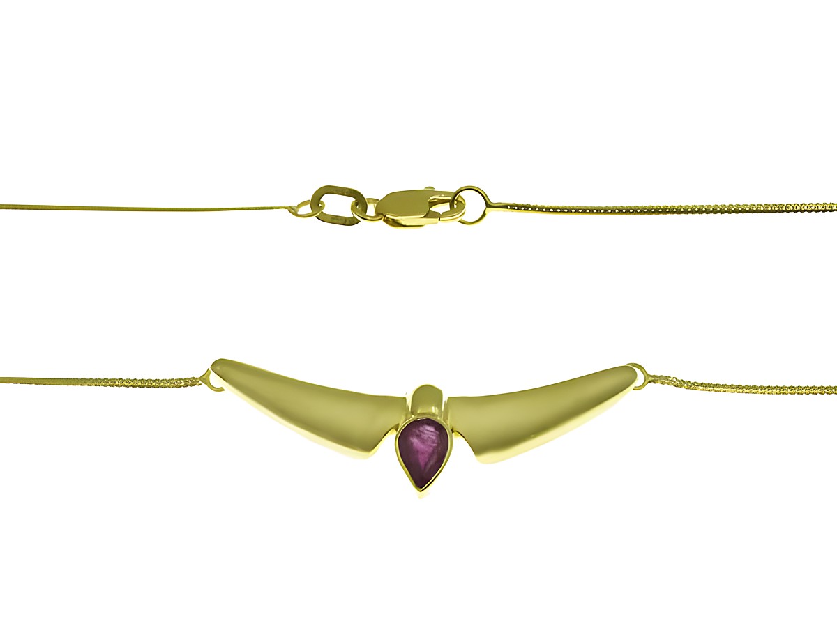 Elegantes Mittelteilcollier aus Gelbgold 333 mit Rubin und Diamant, 42 cm lang, von Juwelier Harnisch. Das Design ist schlicht und stilvoll, ideal für besondere Anlässe.