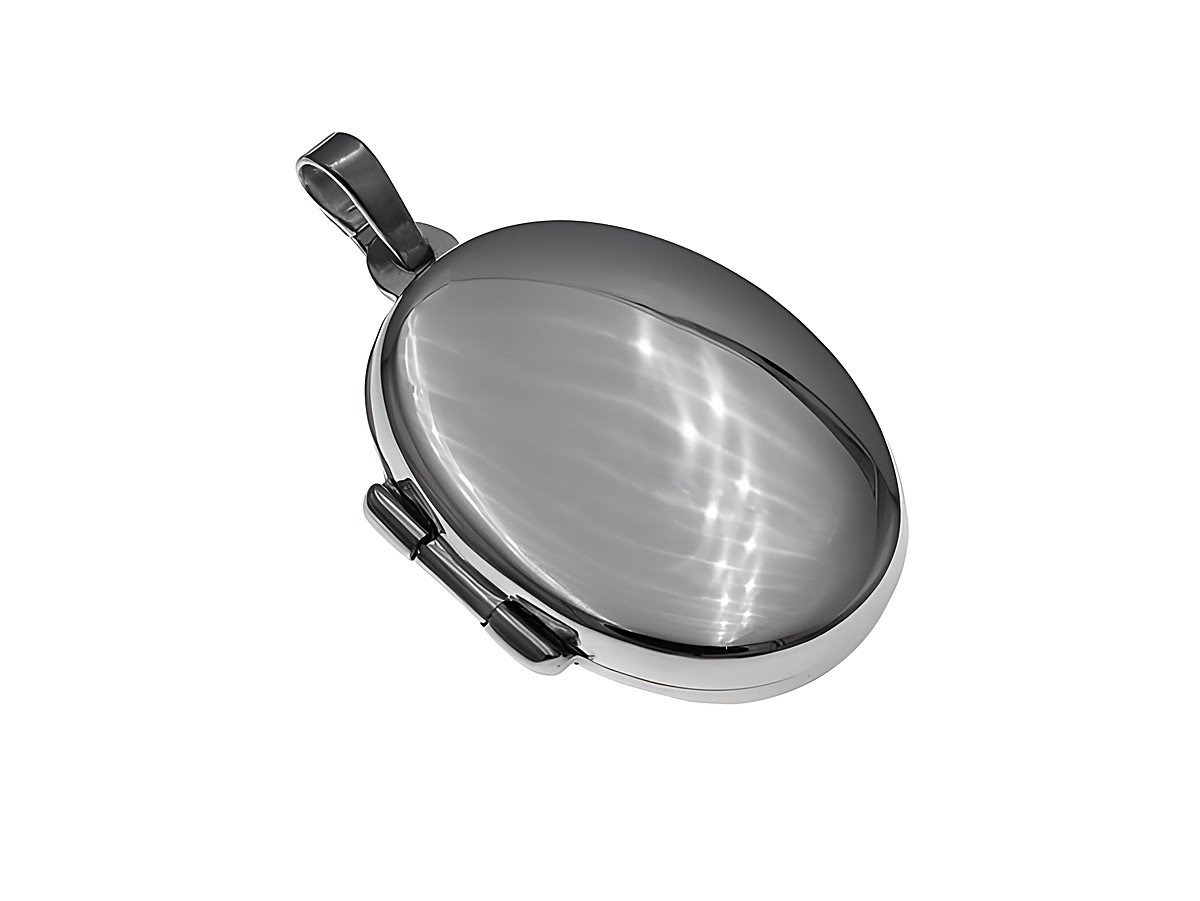 Silber Medaillon oval in klassisch schlichter Form, rhodiniert, hergestellt von Juwelier Harnisch, in edlem Design mit feiner Oberfläche und praktischem Verschluss.