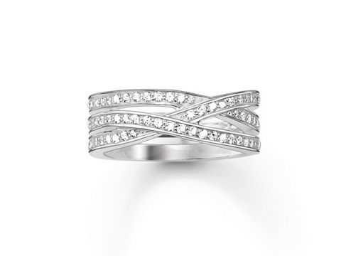 Ring von Thomas Sabo TR2012-051-14-56 aus Sterling Silber mit weißen Zirkonia, Größe 56, zeigt ein elegantes Design mit geschwungenen Linien und funkelnden Steinen.