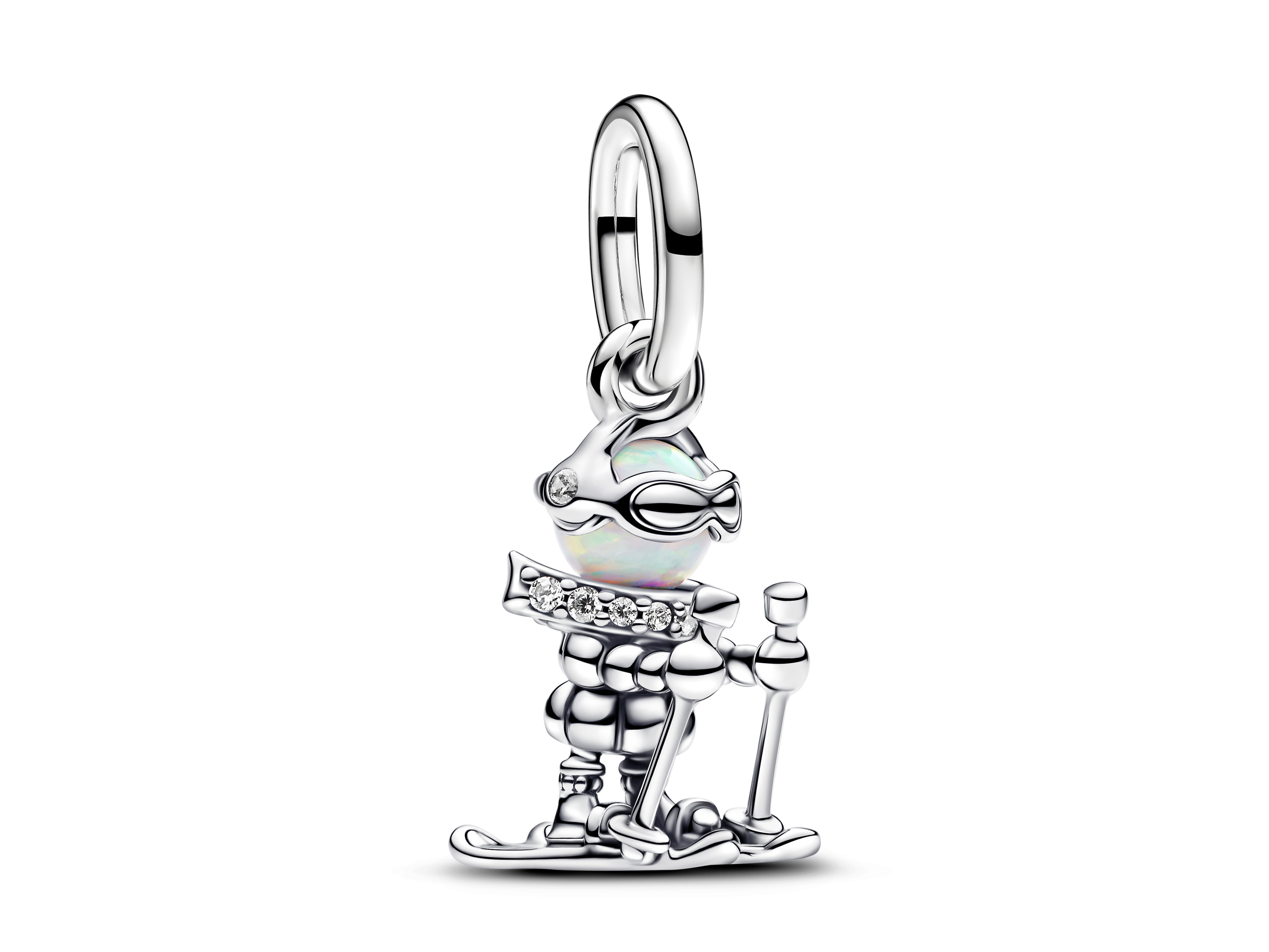 Silberner Pandora Charm in Form eines Skifahrers mit weißem lab-created synthetischen Opal und Zirkonia, ideal für persönliche Schmuckstücke und besondere Momente.