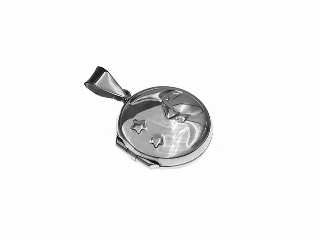 Medaillon mit Mond- und Sternenmotiv, rund und poliert aus Sterling Silber, hergestellt von Juwelier Harnisch, glänzende Oberfläche, ideal für die persönliche Schmuckkollektion.