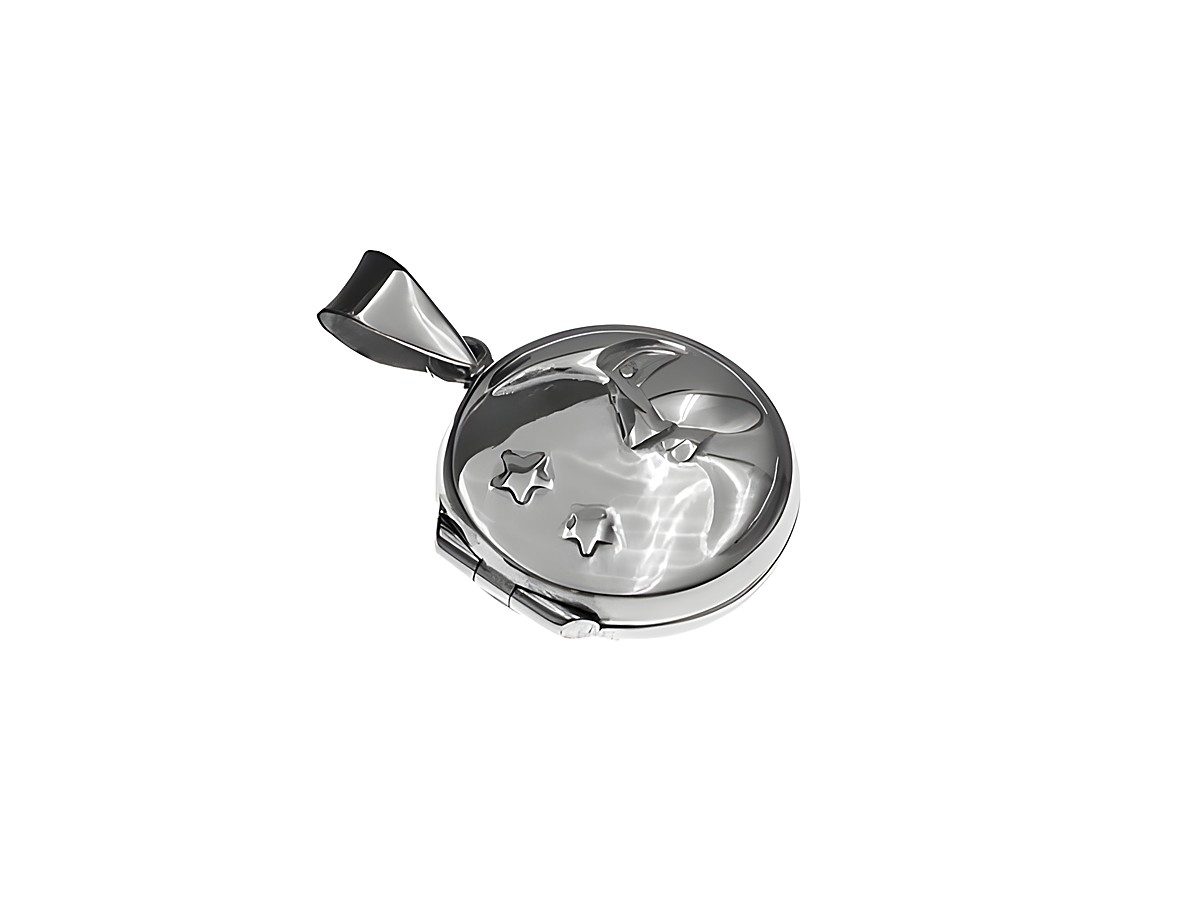 Medaillon mit Mond- und Sternenmotiv, rund und poliert aus Sterling Silber, hergestellt von Juwelier Harnisch, glänzende Oberfläche, ideal für die persönliche Schmuckkollektion.