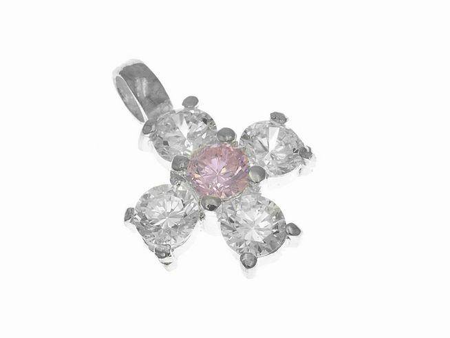 Anhänger Kreuz funkelnd aus Silber mit Zirkonia in Weiß und einem rosa Stein, Hersteller Juwelier Harnisch, ideal als elegantes Schmuckstück.