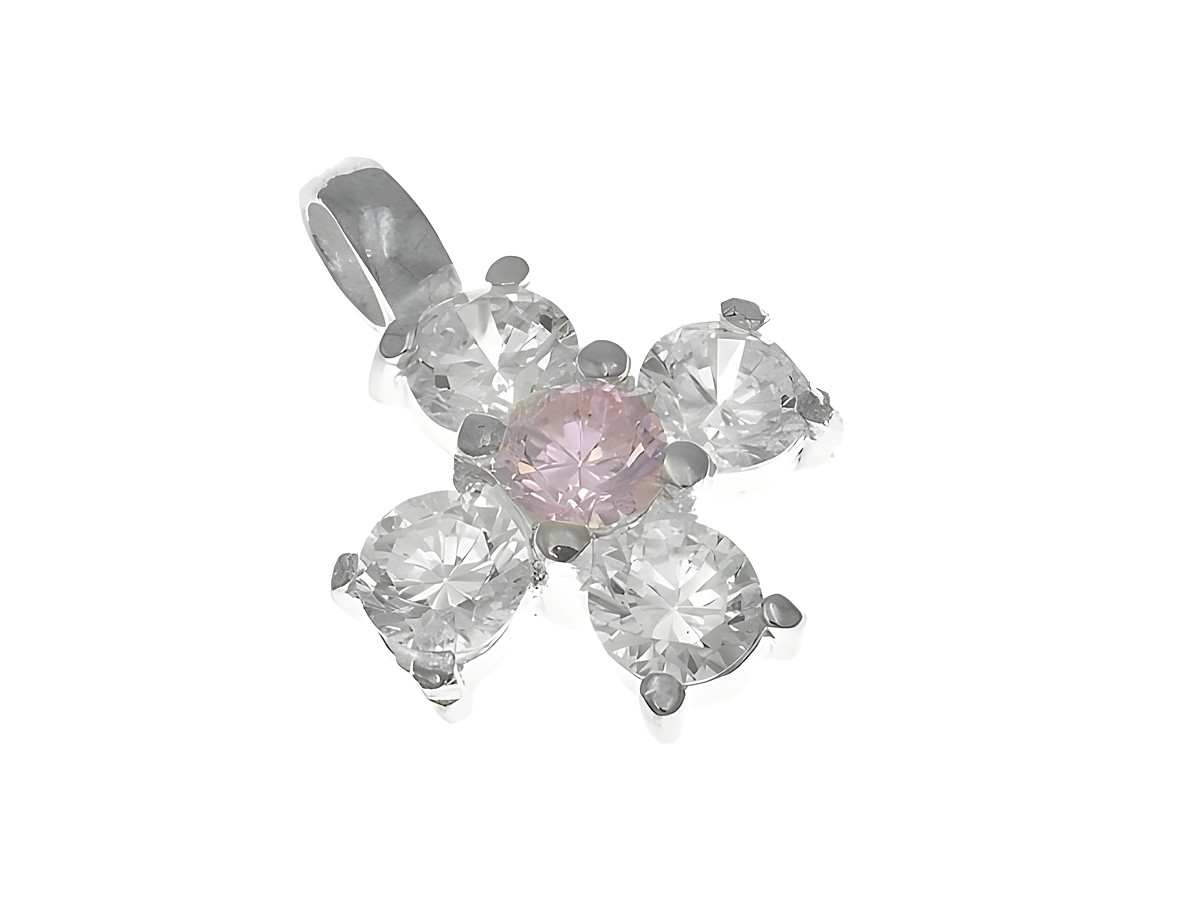 Anhänger Kreuz funkelnd aus Silber mit Zirkonia in Weiß und einem rosa Stein, Hersteller Juwelier Harnisch, ideal als elegantes Schmuckstück.