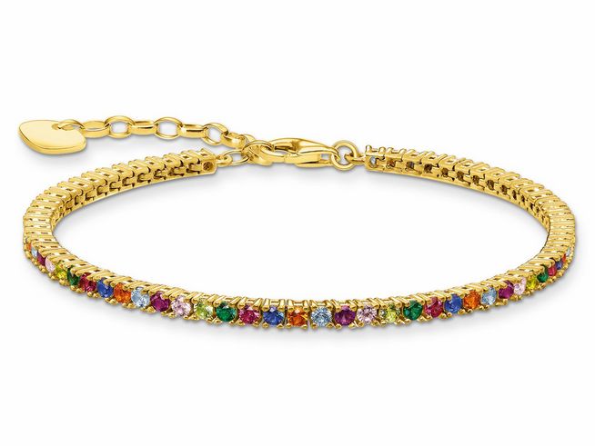 Ein elegantes Thomas Sabo Armband aus Sterling Silber mit Amethyst und Glas-Keramik Steinen, das mit einer Vielzahl bunter Steine verziert ist und eine Länge von 19 cm hat.