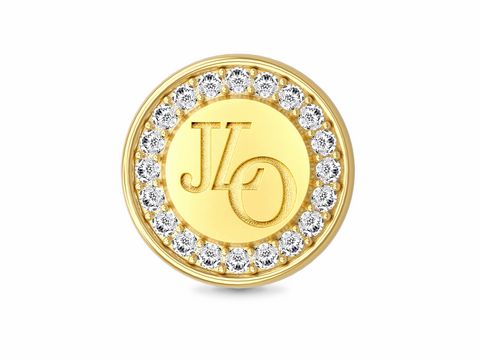 Goldfarbener Charm von JLO mit glänzendem, eingefasstem Logo und funkelnden Zirkoniasteinen am Rand, hergestellt von Endless Charm in Silber vergoldet.