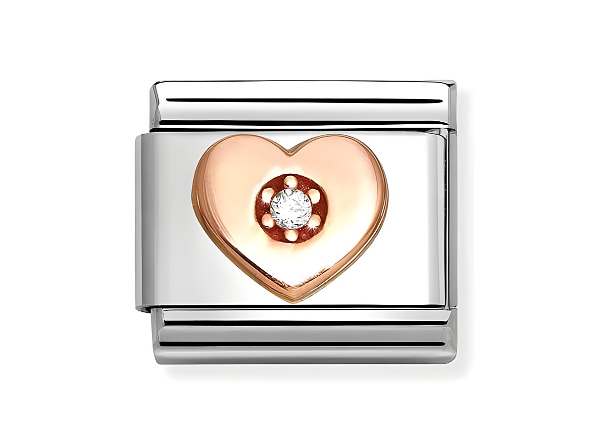 Ein charm von Nomination aus Edelstahl und Roségold mit einem herzförmigen Design, verziert mit weißem Zirkonia in der Mitte, ideal für individuelle Armbänder.