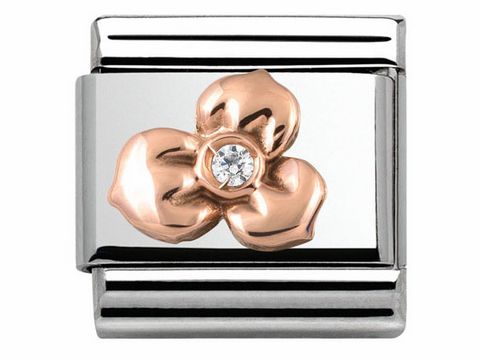 Edelstahlarmband mit roségoldener Blume und einem glitzernden Stein in der Mitte, Teil der Nomination Classic Symbole Kollektion, stilvolles Schmuckdesign.