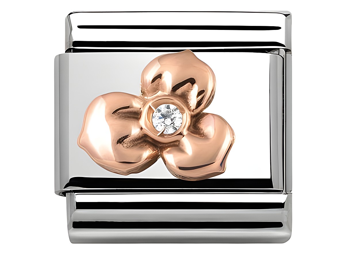 Edelstahlarmband mit roségoldener Blume und einem glitzernden Stein in der Mitte, Teil der Nomination Classic Symbole Kollektion, stilvolles Schmuckdesign.