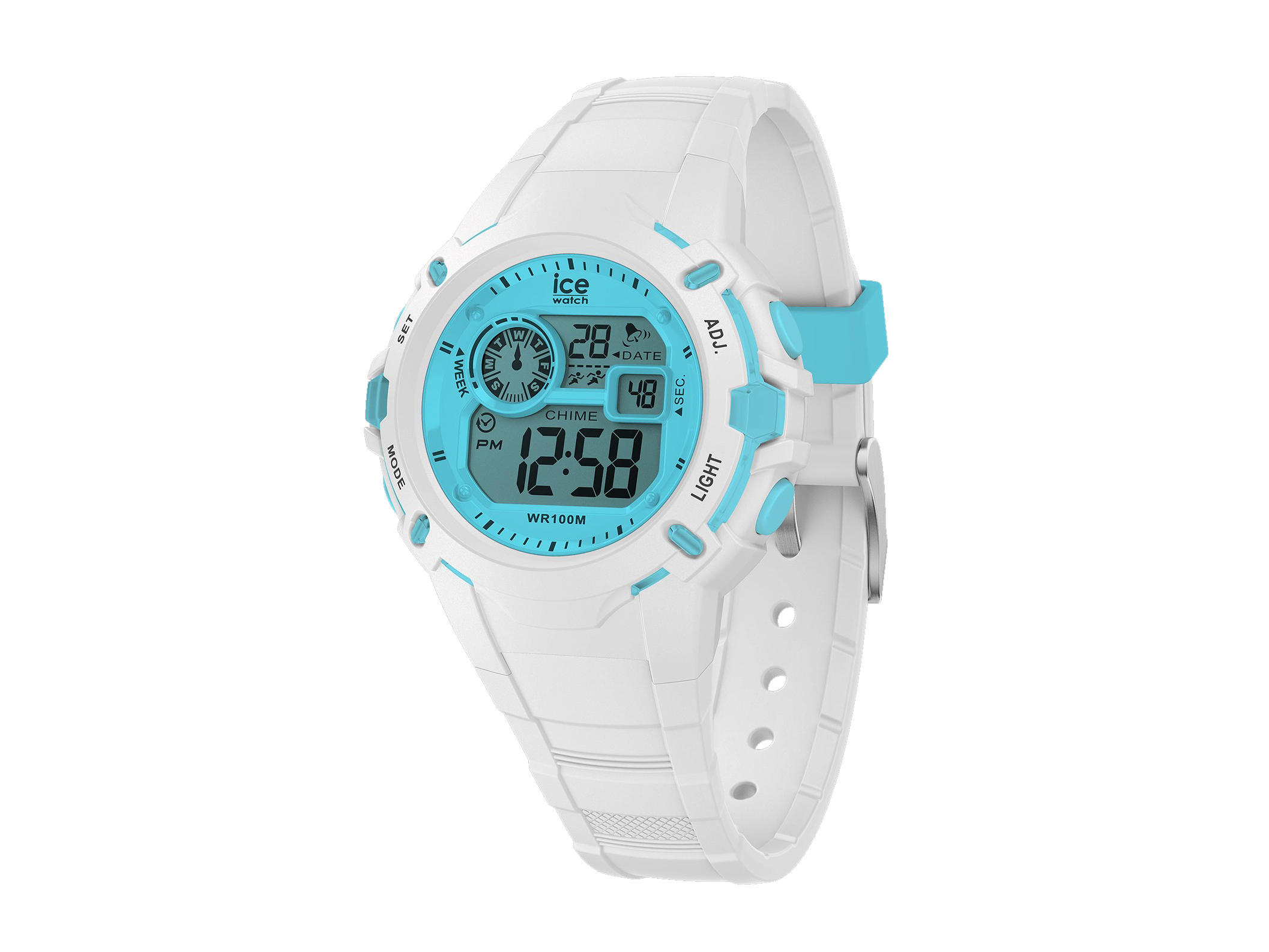 Die Ice Watch 024003 ICE digit explorer in Türkis und Weiß zeigt ein sportliches Design mit digitalem Display, wasserdicht bis 100 Meter und einem schicken farbigen Armband.