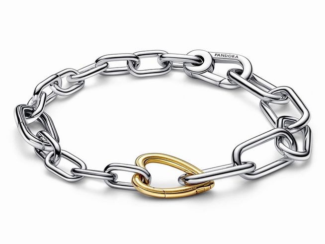 Bicolor Gliederarmband mit Herz aus Silber und gelbgold Vergoldung von Pandora, Modell 562527C00-2, Länge 16 cm, elegante Kombination aus glänzenden und mattierten Elementen.