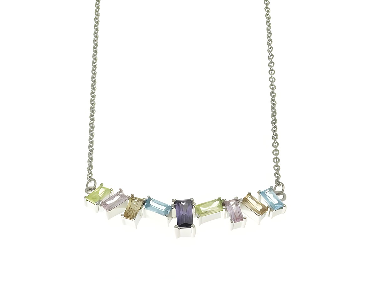 Steinmix Collier Kette 42-45 cm aus rhodiniertem Sterling Silber mit Zirkonia, designed von Juwelier Harnisch, zeigte bunte, rechteckige Steine in einer ansprechenden Anordnung.