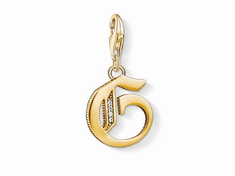 Charm-Anhänger Buchstabe G von Thomas Sabo in vergoldeter Ausführung mit glitzernden Details, ideal zum Ergänzen von Schmuckstücken oder als persönliches Geschenk.