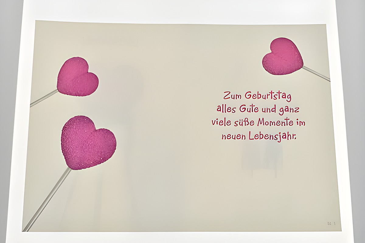 Geburtstagskarte mit pinken Herzlollis in Flasche, dekorativ angeordnet. Auf der Innenseite der Karte steht der Text zum Geburtstag: alles Gute und viele süße Momente im neuen Lebensjahr. – Ansicht 2