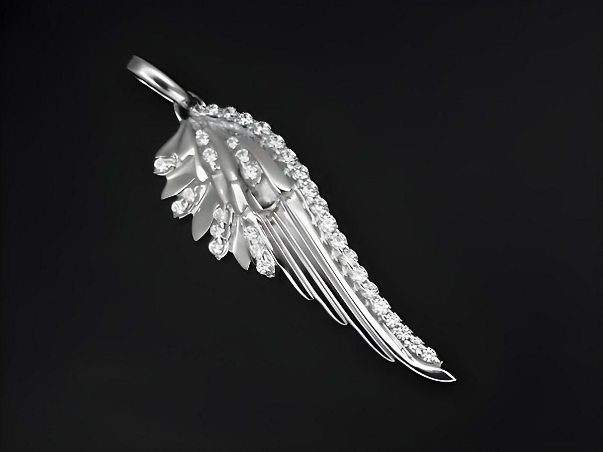 Engel Flügel Anhänger aus 925 Sterling Silber, rhodiniert und funkelnd mit Zirkonia besetzt, Hersteller Juwelier Harnisch, elegant und ansprechend gestaltet.