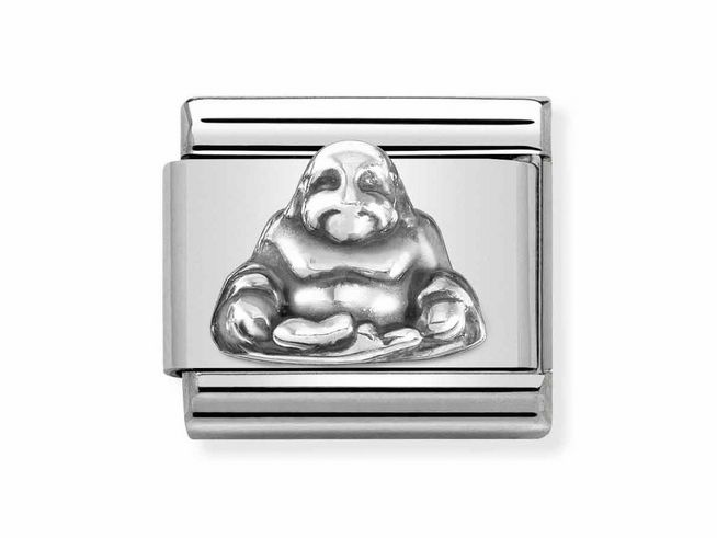 Eine silberne Charm-Einlage mit Buddha-Motiv in glänzendem Edelstahl, stilvoll gestaltet mit klaren Linien und feinen Details, ideal für eine moderne und elegante Armbanduhr.