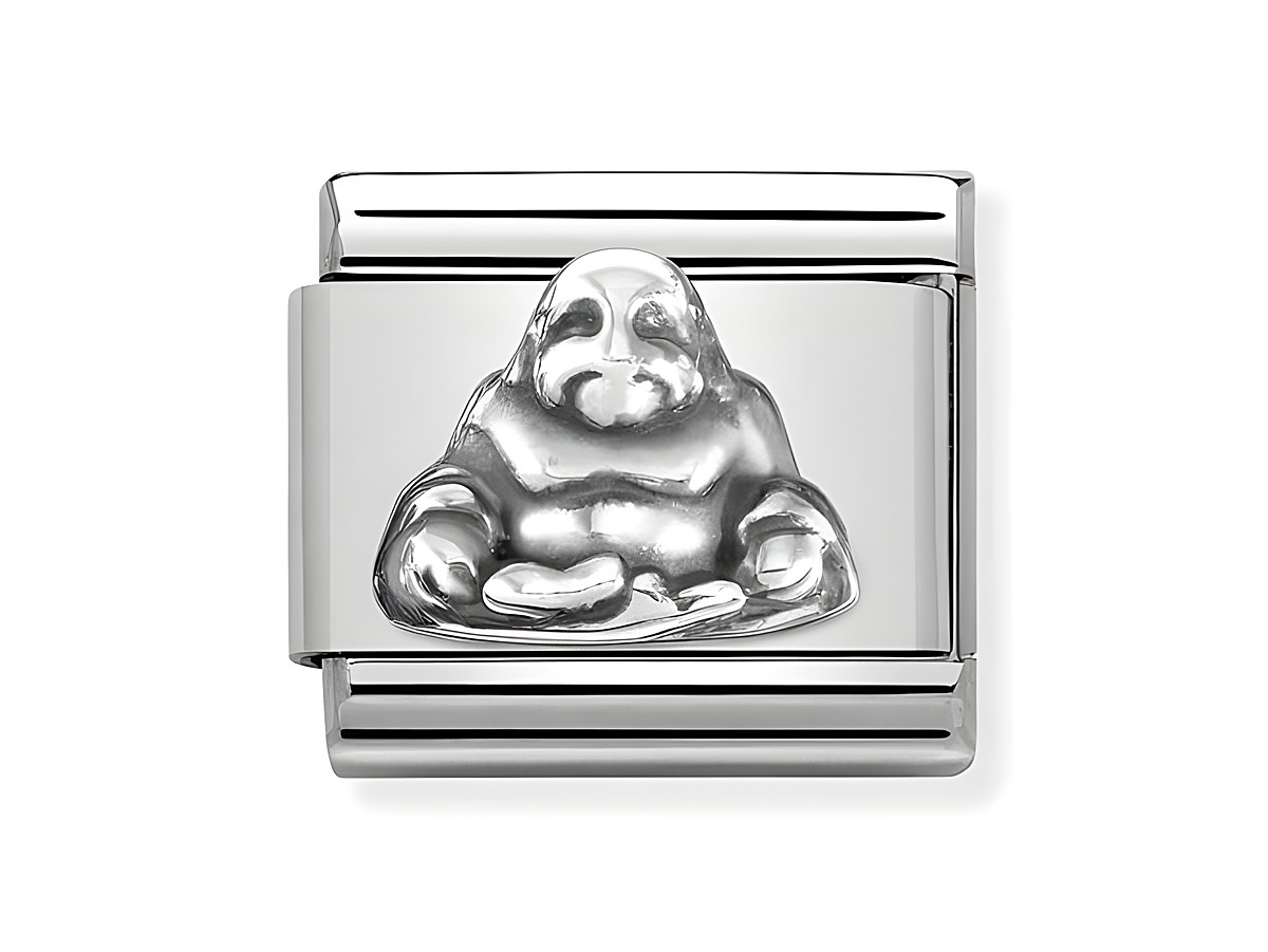 Eine silberne Charm-Einlage mit Buddha-Motiv in glänzendem Edelstahl, stilvoll gestaltet mit klaren Linien und feinen Details, ideal für eine moderne und elegante Armbanduhr.