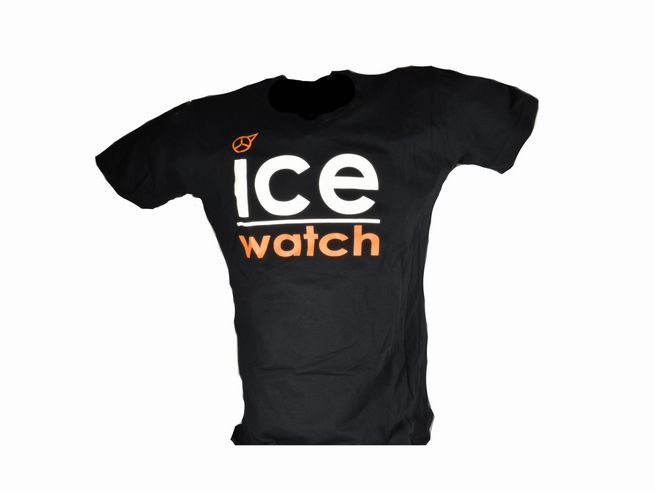 ICE WATCH Damen T-Shirt in der Größe M für Frauen in Schwarz, mit auffälligem weißen und orangefarbenem Schriftzug "ice watch" auf der Vorderseite.