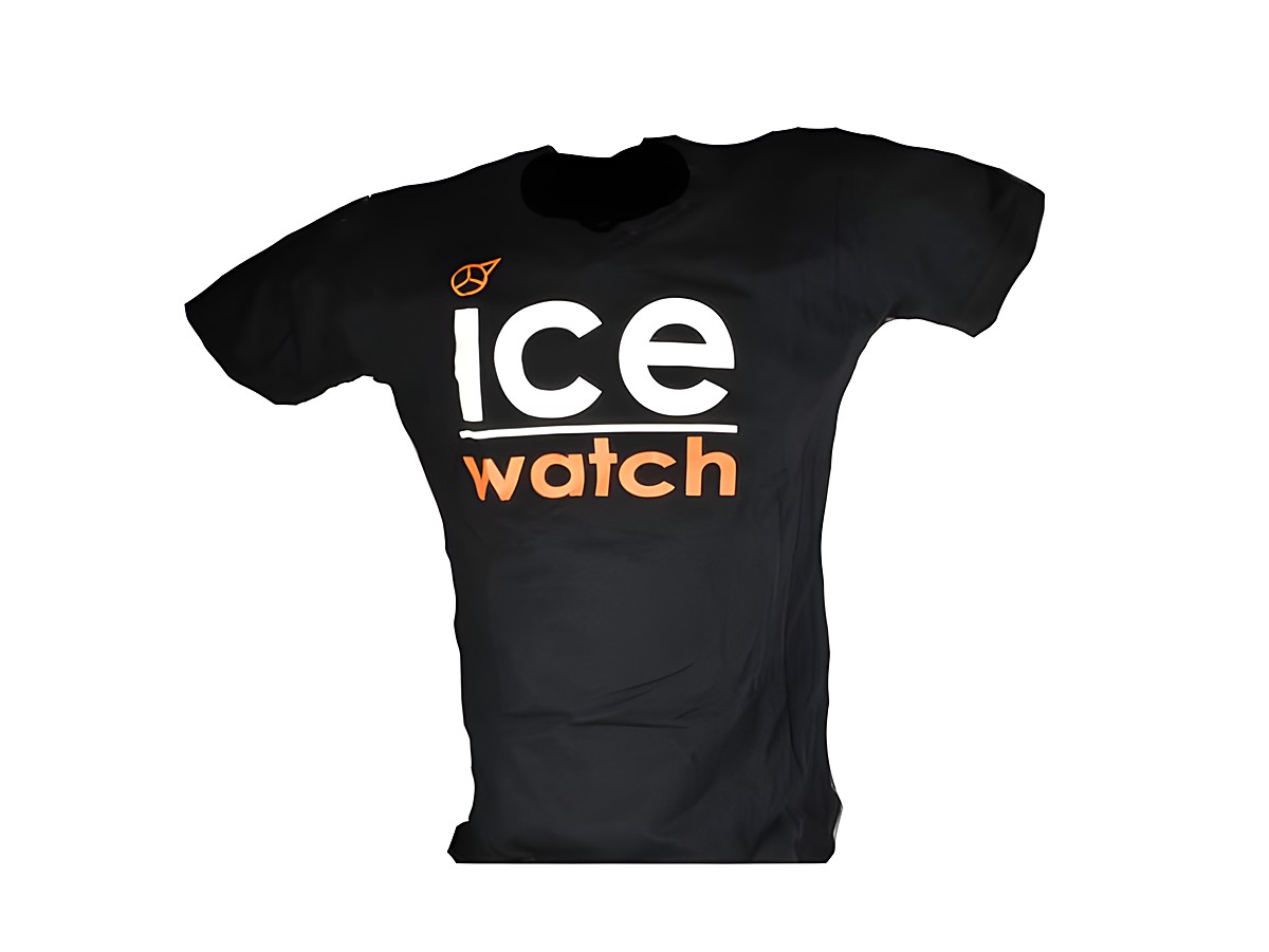 ICE WATCH Damen T-Shirt in der Größe M für Frauen in Schwarz, mit auffälligem weißen und orangefarbenem Schriftzug "ice watch" auf der Vorderseite.