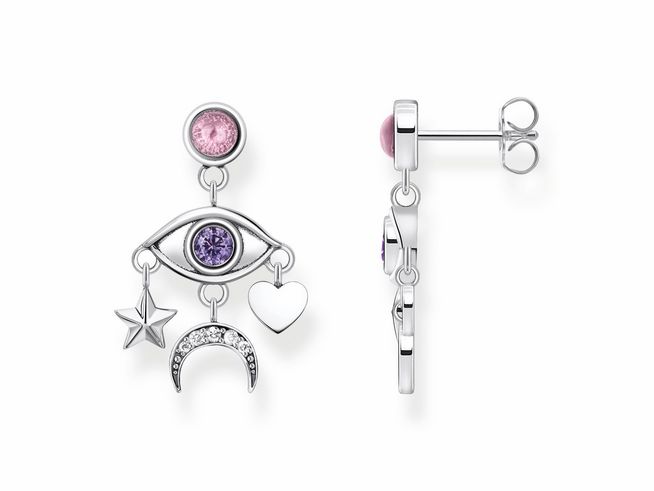 Thomas Sabo Ohrhänger aus Silber mit bunten Zirkonia. Das Design zeigt einen kosmischen Talisman mit einem Auge, Stern, Herz und Mond. Ideal für einen modernen Look.