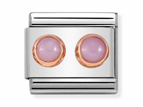 Doppelter Edelstein in Roségold mit zwei runden Opal rosa Steinen, eingefasst in einem silberfarbenen Element von Nomination, Model 430506 22, für klassischen Schmuck.