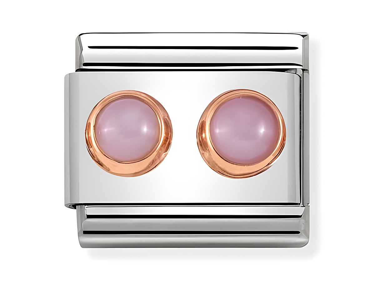 Doppelter Edelstein in Roségold mit zwei runden Opal rosa Steinen, eingefasst in einem silberfarbenen Element von Nomination, Model 430506 22, für klassischen Schmuck.