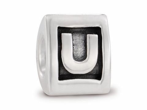 Silberner PANDORA Buchstabe U 790323U mit stilierter U-Form und schwarzem Hintergrund, ideal für individuelle Moments-Charm-Kreationen. Hochwertige Verarbeitung aus Silber.