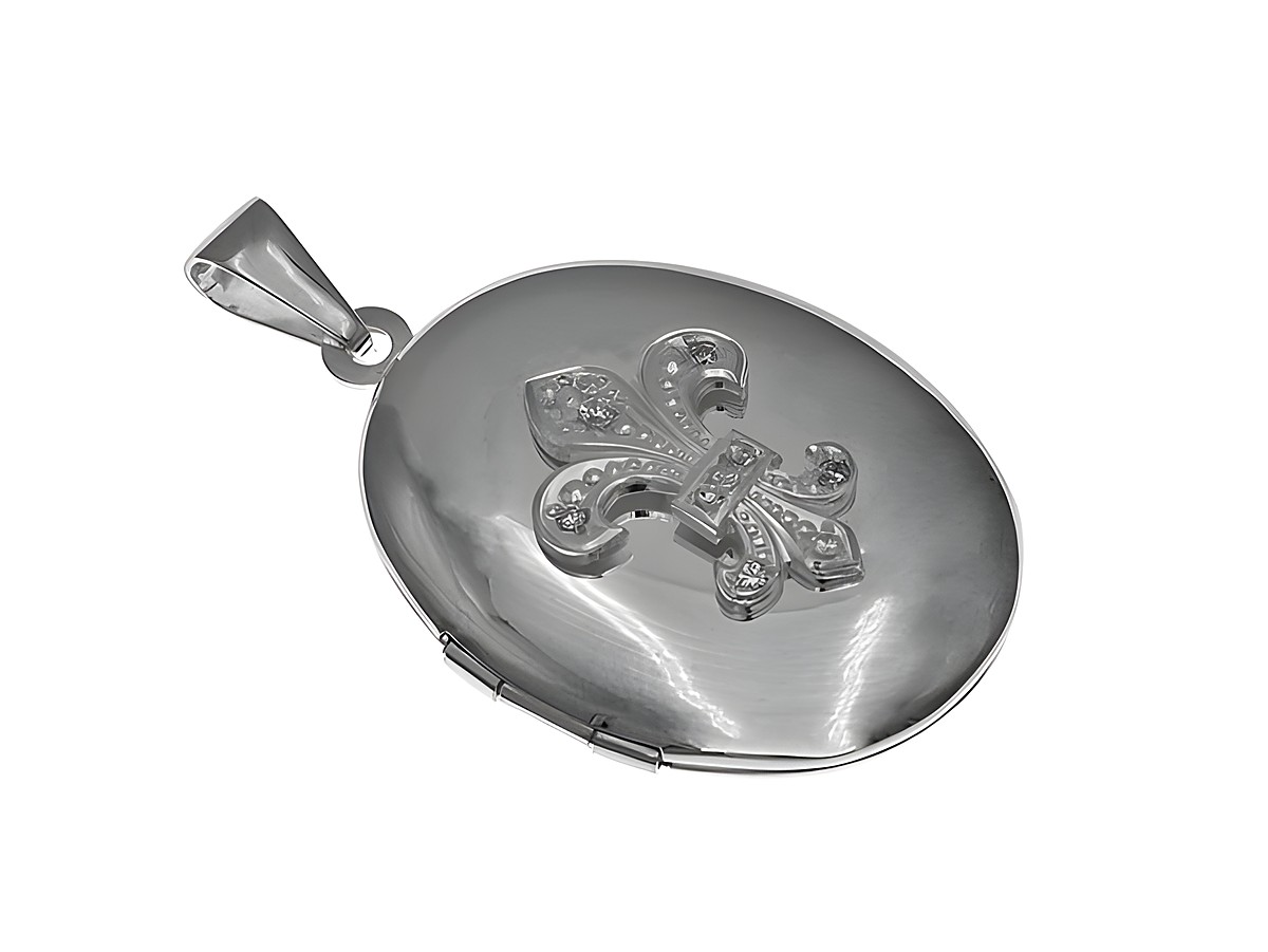 Medaillon mit Bourbonischer Lilie aus Zirkonia und Sterling Silber, kunstvoll gestaltet von Juwelier Harnisch, glänzende Oberfläche mit feinem Detail. Ideal als persönliches Schmuckstück.