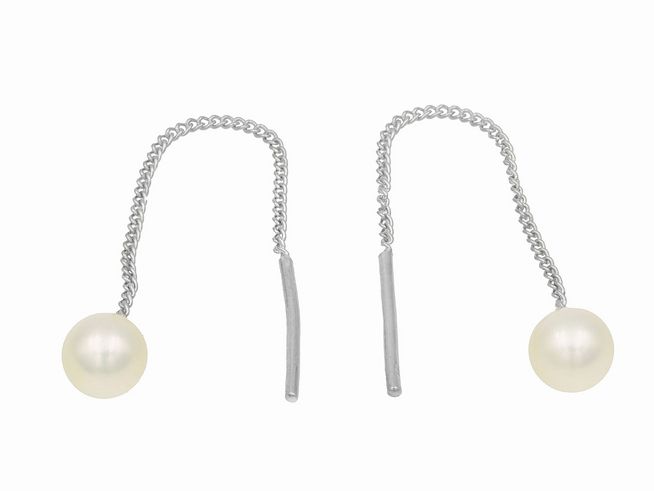 Ohrhänger mit durchziehbaren Süßwasserperlen in Weiß, gefertigt aus poliertem rhodiniertem Sterling Silber, elegant und modern, ideal für jeden Anlass.