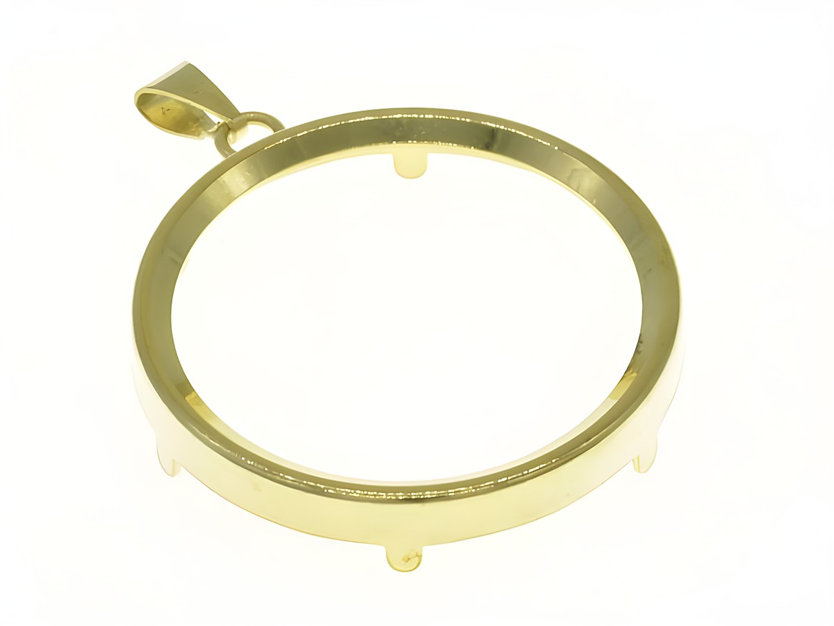 Münzfassung Anhänger aus 585 Gold, schlichtes Design für Münzen bis 23,9 mm Durchmesser, hergestellt von Juwelier Harnisch. Ideal für individuelle Schmuckstücke.
