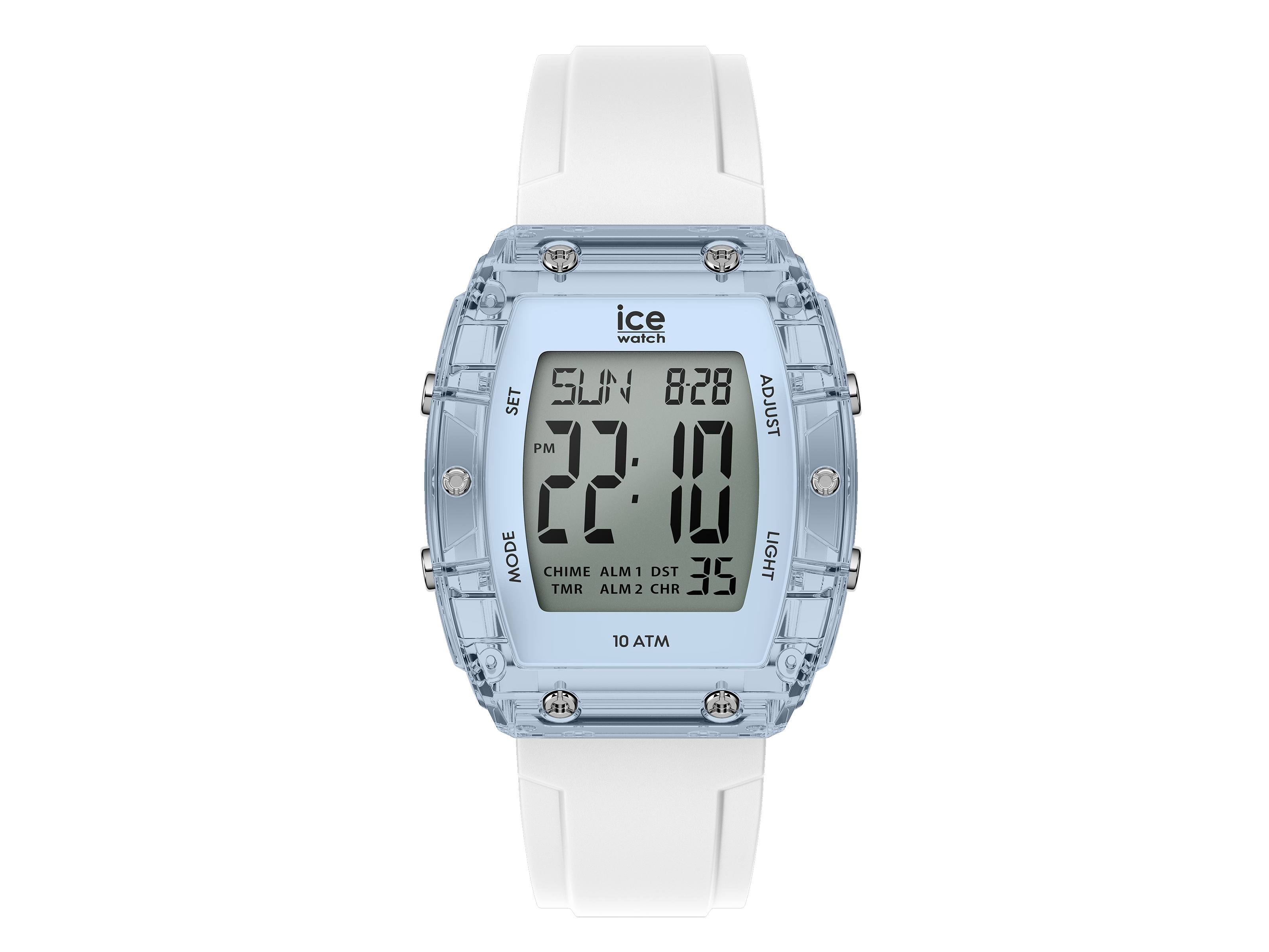 Digitale Uhr Ice Watch 024567 ICE digit boliday in Blau mit klarem Gehäuse und weißem Armband, präsentiert die Uhrzeit und Datum auf dem Display, sportlich und modern, ideal für den Alltag.