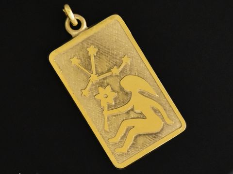 Jungfrau Anhänger in Gold 333, rechteckige Form, zeigt das Sternzeichen Jungfrau mit symbolischer Darstellung. Hersteller Juwelier Harnisch.