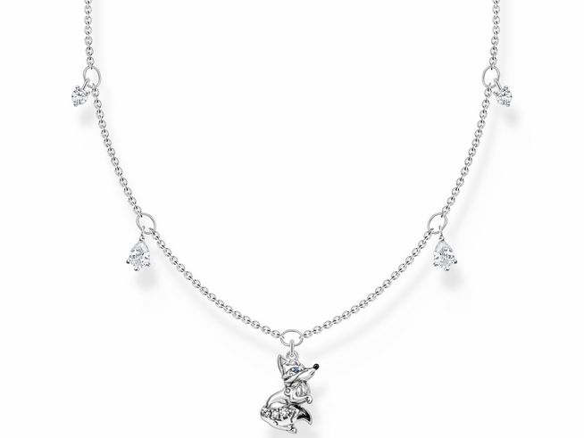 Kette aus Sterling Silber mit geschwärztem Polarfuchs-Anhänger, verziert mit synthetischem Spinell und Zirkonia, elegante Details und zeitloses Design.