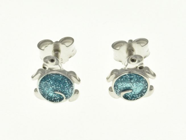 Schildkröte Ohrstecker aus rhodiniertem Sterling Silber mit glitzerndem Lack in Blau, hergestellt von Juwelier Harnisch, ideal für Kinder.