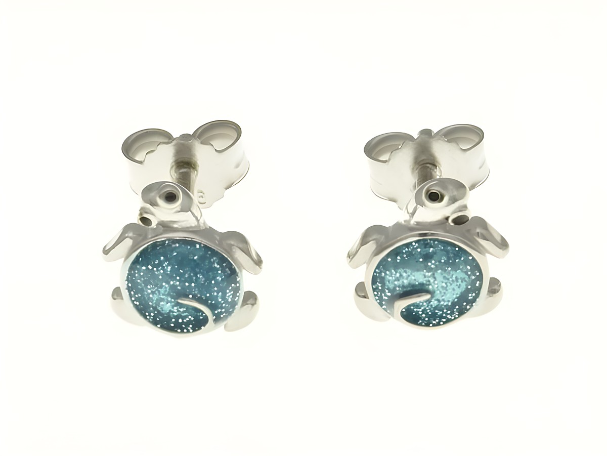 Schildkröte Ohrstecker aus rhodiniertem Sterling Silber mit glitzerndem Lack in Blau, hergestellt von Juwelier Harnisch, ideal für Kinder.