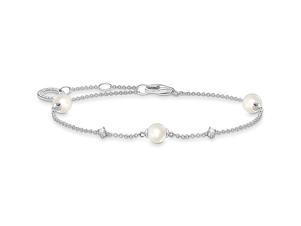 Silbernes Armband von Thomas Sabo mit Zirkonia und weißen Zuchtperlen, verziert und in der Länge von 16 bis 19 cm einstellbar. Ideal für eleganten Schmuck.