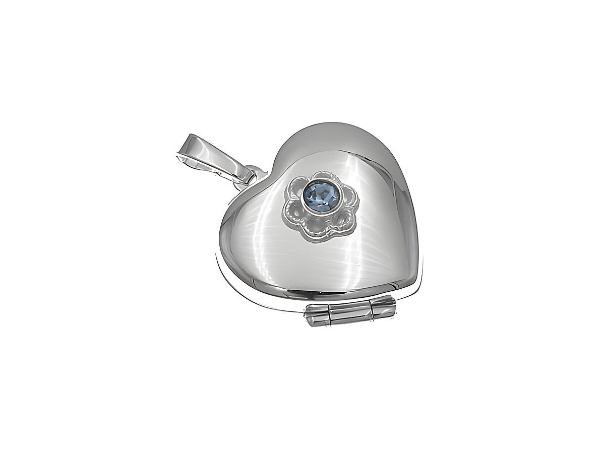 Silber Medaillon in Herzform mit einem hellblauen Glasstein und filigranem Blütendesign, gefertigt aus Sterling Silber, Hersteller Juwelier Harnisch.