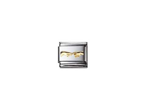 Armbandniete von NOMINATION Classic mit dem Element SCHÖPFUNG, bestehend aus silbernem Metall und einer goldenen Darstellung von zwei sich berührenden Händen.