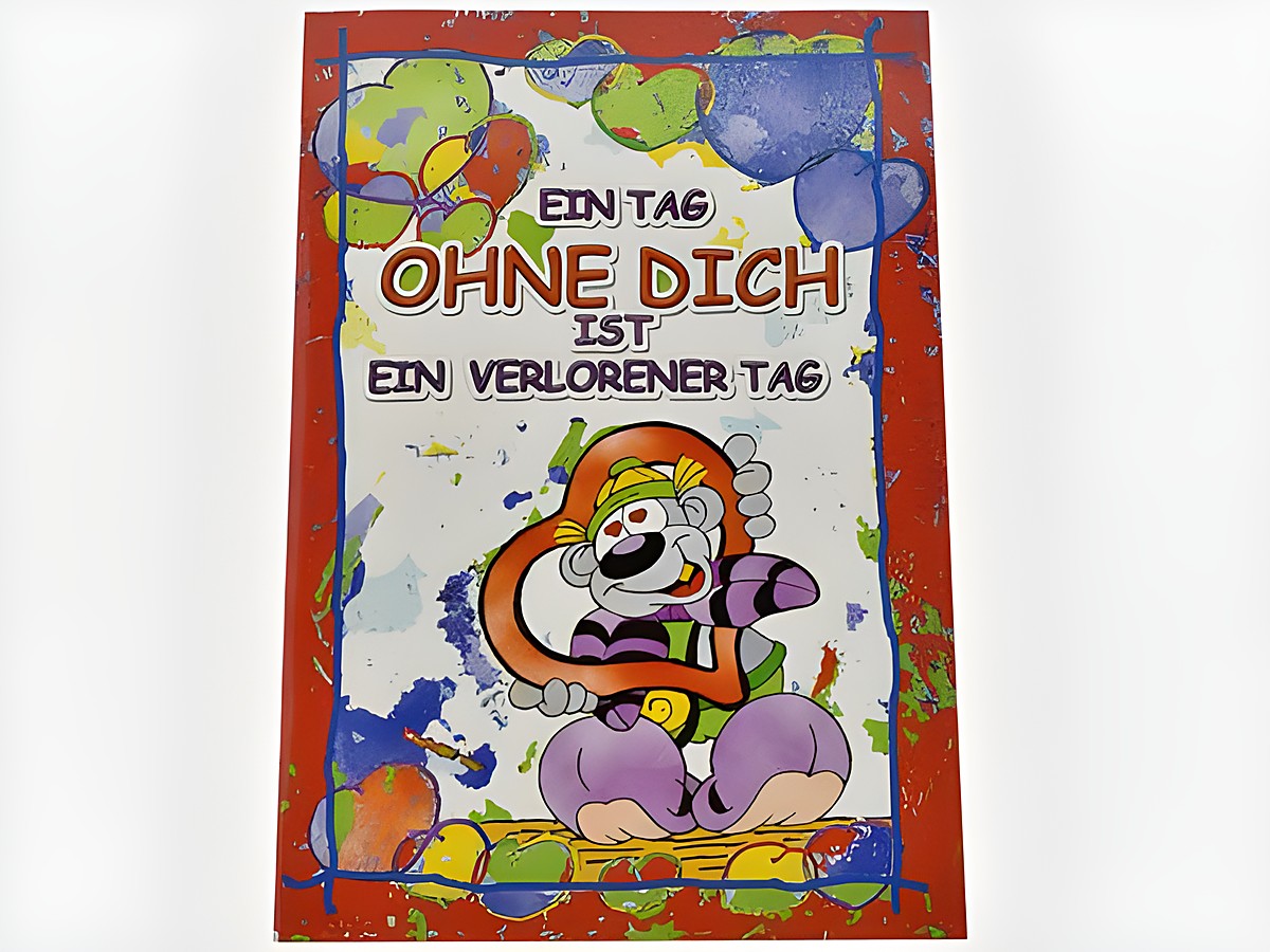 Grußkarte mit einer Lümmel-Figur, die ein Herz hält. Die Karte ist farbenfroh gestaltet und trägt den Schriftzug "Ein Tag ohne dich ist ein verlorener Tag". Hersteller Juwelier Harnisch.