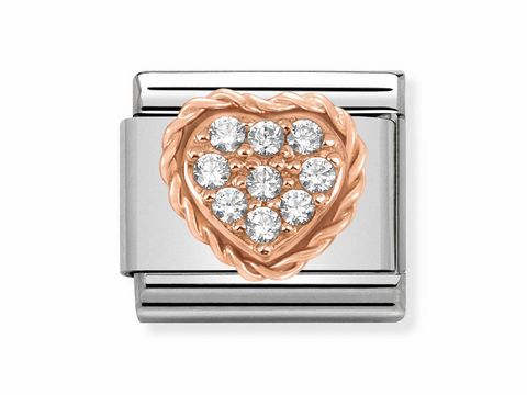 Classic Zirkoniaherz in Weiß von Nomination, in einer rosegoldenen, geflochtenen Fassung, umgeben von funkelnden Zirkonia-Steinen, ideal für individuellen Schmuck.