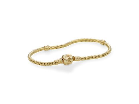 PANDORA Gold 585 Armband 550702 19cm Moments, elegantes Armband aus hochwertigem Gold mit feinem Strukturdesign und markantem PANDORA Symbolverschluss. Ideal für persönlichen Schmuck.