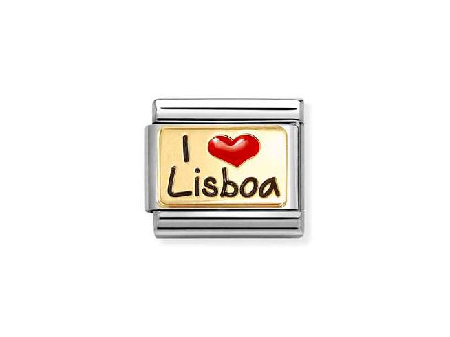 Edelstahlanhänger von Nomination mit einer gelben Emaillefläche, die den Schriftzug I love Lisboa in schwarz und rot zeigt. Ideal als modisches Accessoire für Liebhaber von Lissabon.