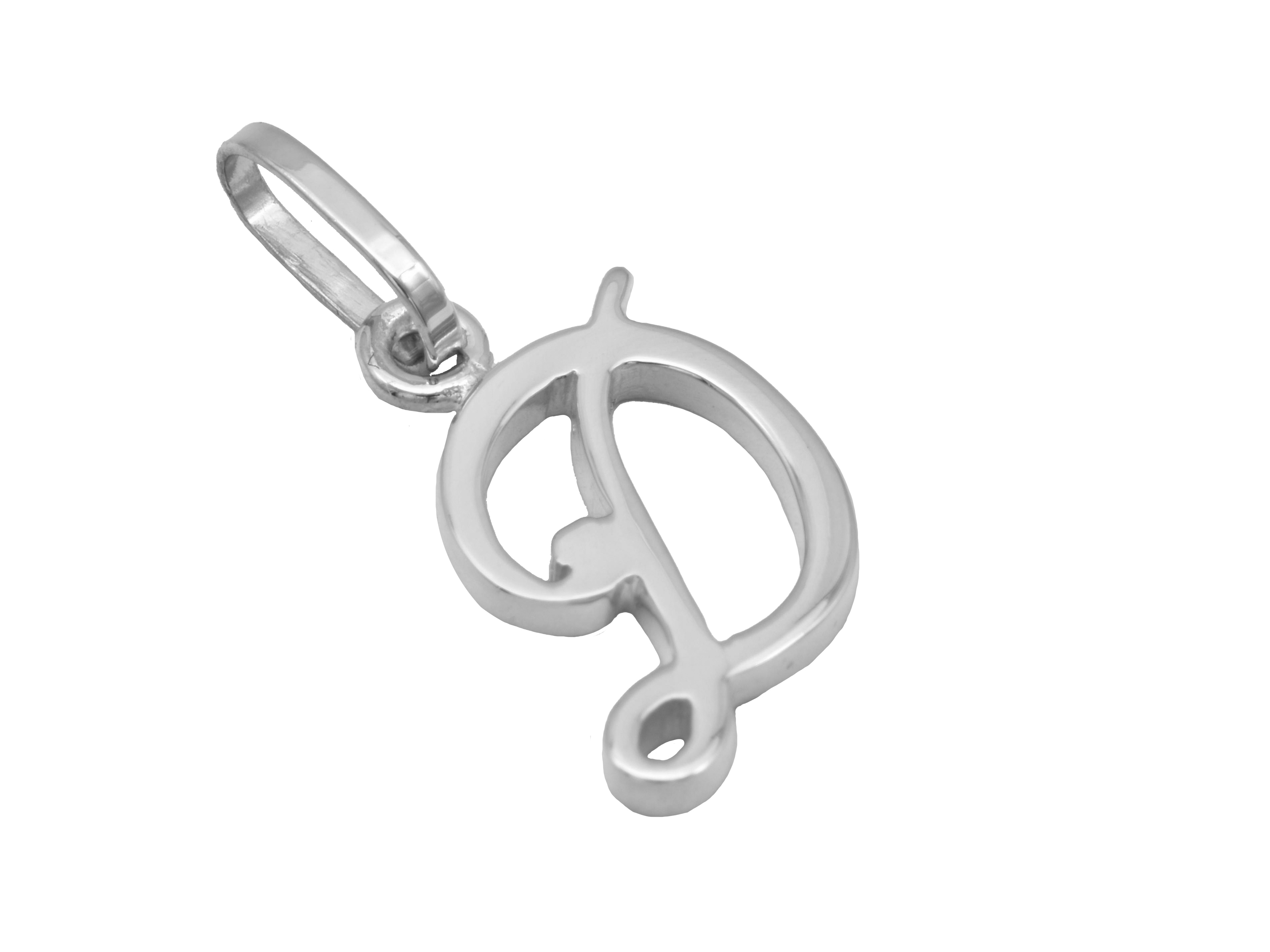 Buchstaben Anhänger D aus poliertem Weißgold 585, gefertigt vom Juwelier Harnisch, in elegante Formgebung mit charakteristischem Schwung. Ideal als persönliches Schmuckstück.