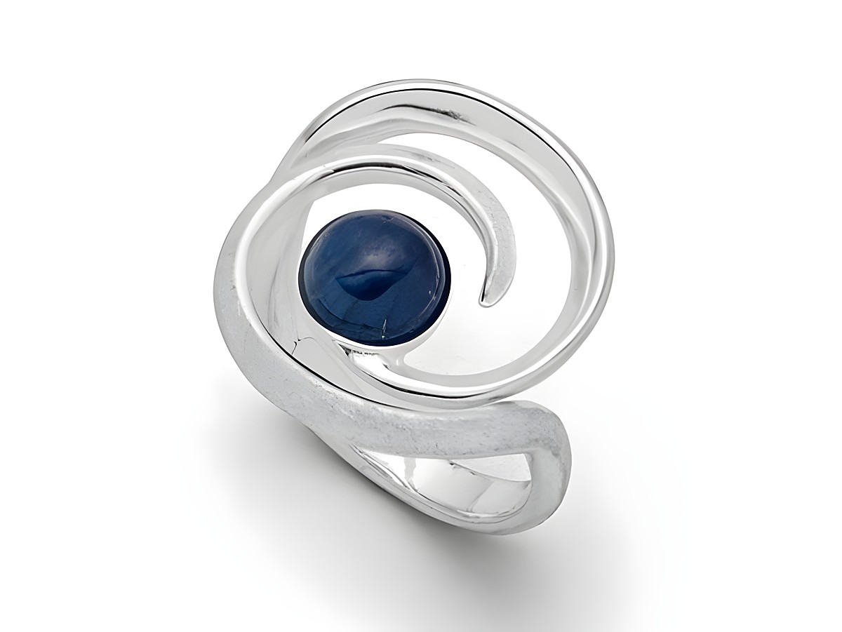Eleganter DUR Windbraut Ring aus rhodiniertem Sterling Silber mit spiralförmigem Design und einem zentralen Kyanitstein in Größe 52.