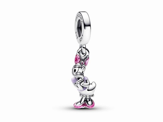 Charm-Anhänger von Pandora in Form von Daisy Duck aus Sterling Silber mit pinkfarbener Emaille und glitzernden Akzenten, ideal für jede Charm-Armband-Kollektion.