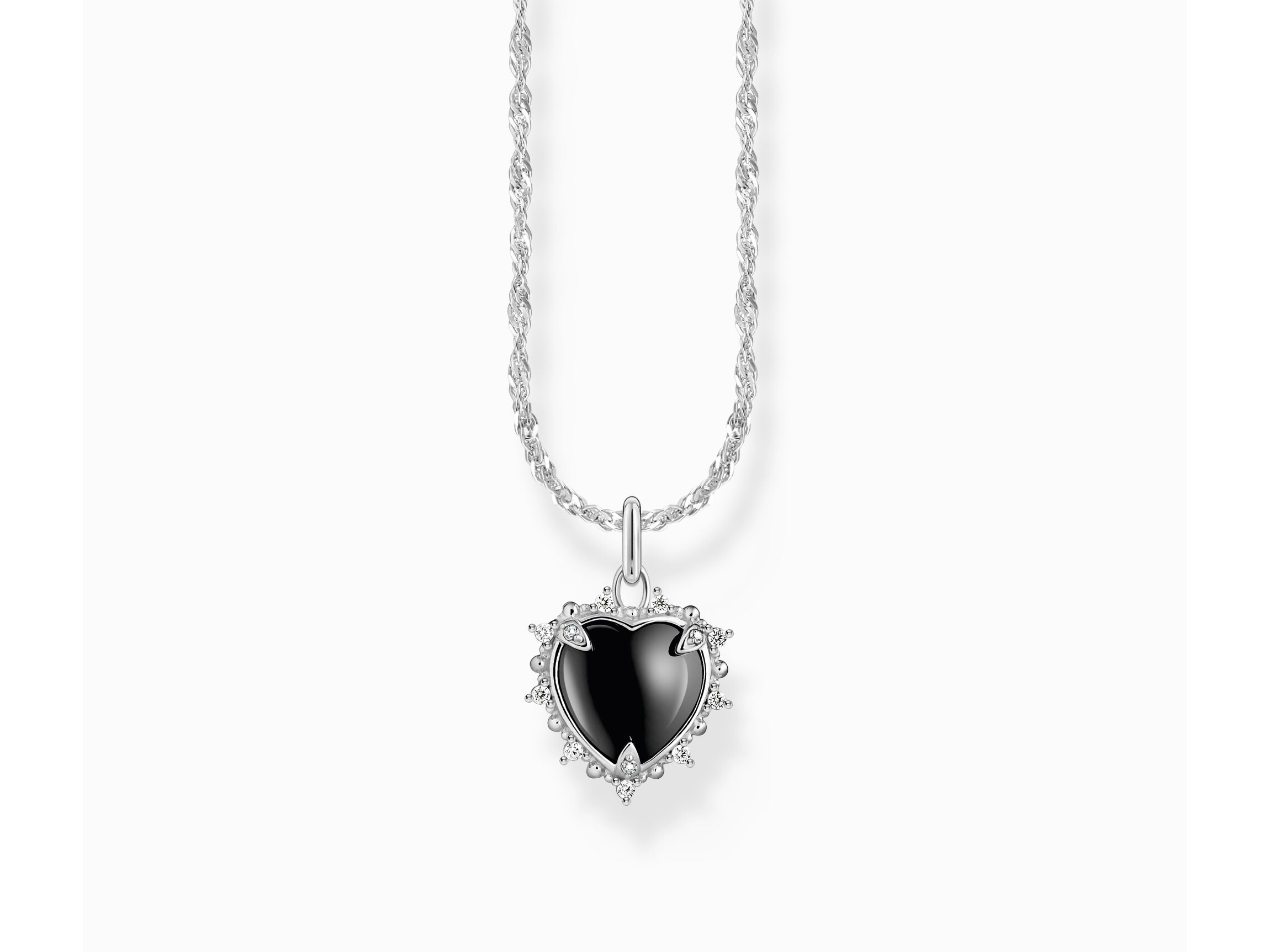 Elegante Thomas Sabo Herz True Romance Kette aus Silber mit schwarzem Herzanhänger und Zirkonia, ideal für besondere Anlässe, verstellbare Länge von 40 bis 45 cm.