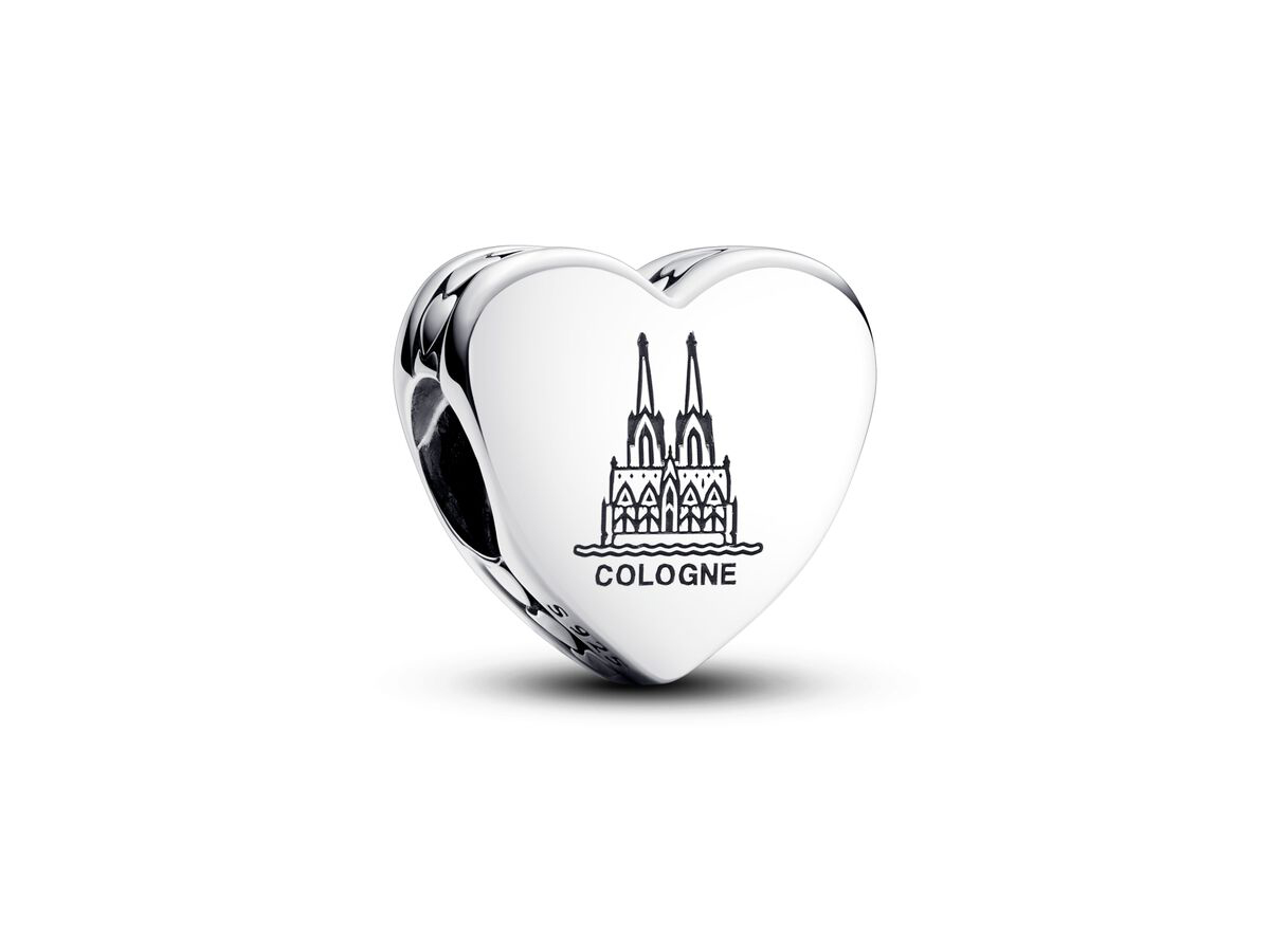 Silberner Herz-Charm von Pandora mit einem stilisierten Abbild des Kölner Doms und der Aufschrift Cologne, hergestellt aus hochwertiger Emaille, neu und elegant.