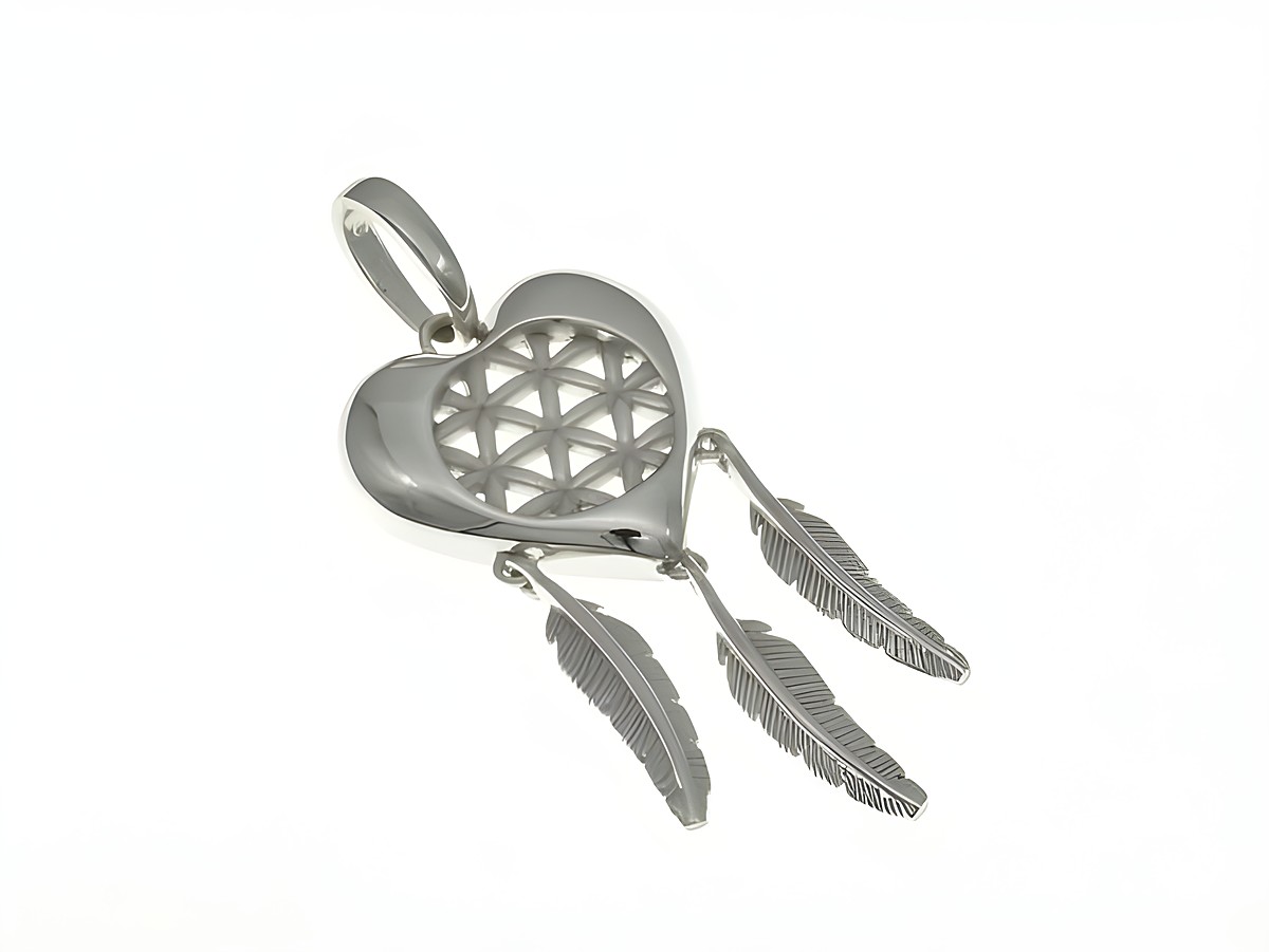 Herz mit Traumfänger Design und Federn aus rhodiniertem Sterling Silber, magisch und filigran, Hersteller Juwelier Harnisch, ideal für elegante Anlässe.