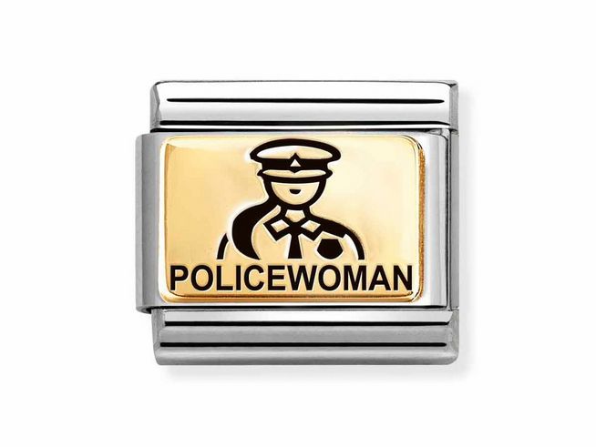 Ein goldenes Emaille-Armbandglied mit dem Aufdruck einer Polizistin und dem Wort POLICEWOMAN, umrahmt von einem silbernen Rand, hergestellt von Nomination.
