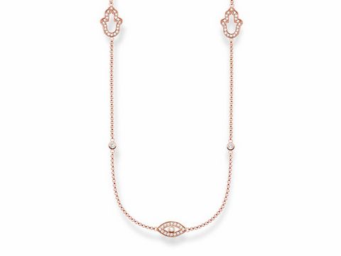 Silberne Kette von Thomas Sabo in vergoldetem Roségold mit Zirkonia in Weiß, Länge 85/87,5/90 cm, mit Anhänger in Form eines Auges und Hand.